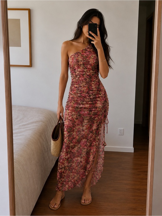 Misa Los Angeles Dresses & Skirts - MISA Los Angeles Romantic One Shoulder Ruched Maxi Dress Floral Pink XXS